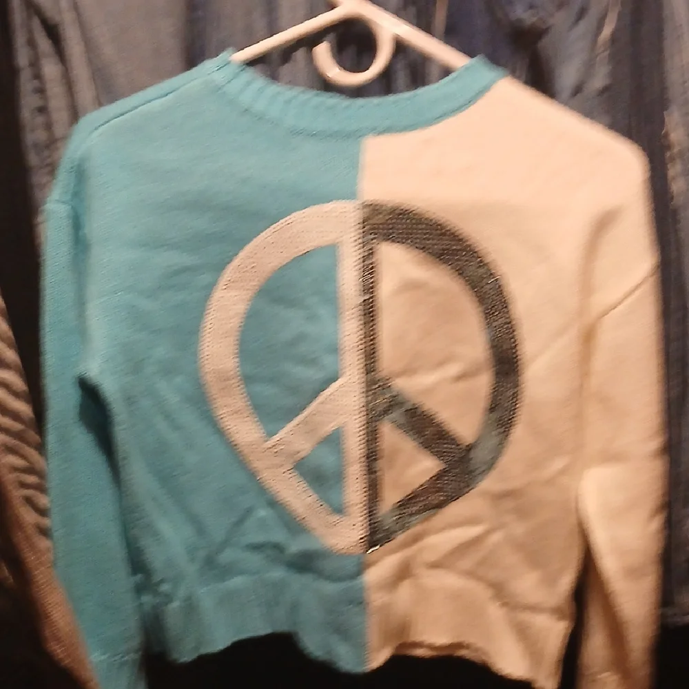 Justice Teal and White Peace Sweater - Picture 1 of 3